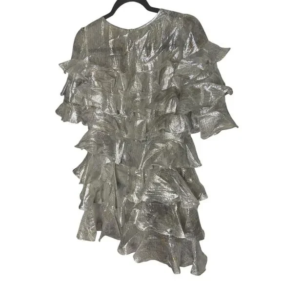 Rebecca Taylor Lily Ruffle Tiered Mini Dress Metallic Silk Blend Silver Size 0
